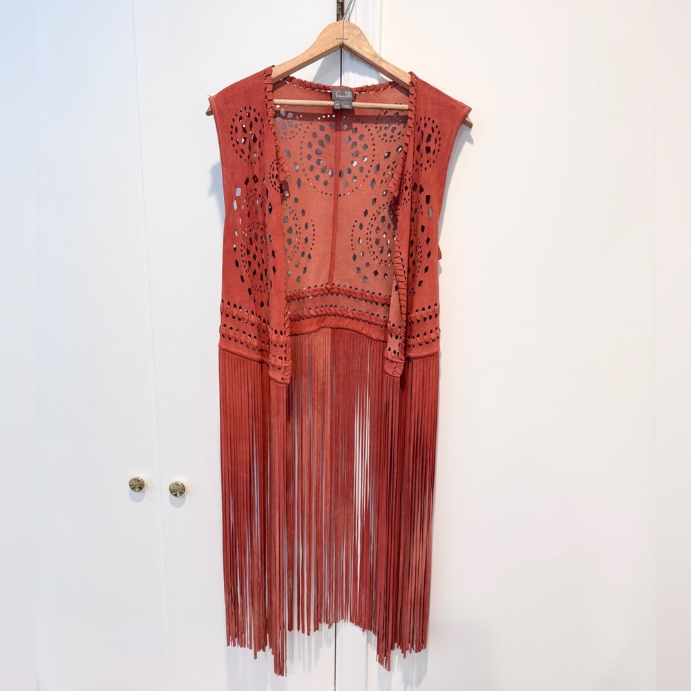Cusp Neiman Marcus Women' Burn Orange  Fringed Eyelet Suede Leather Vest Size M‎